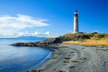 Serene Coastal Landscape Featuring a Majestic Lighthouse Under a Clear Blue Sky