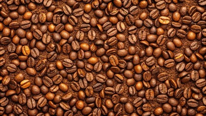 A close-up view of freshly roasted coffee beans scattered on a bed of ground coffee, showcasing the rich, earthy tones and intricate details of each bean.