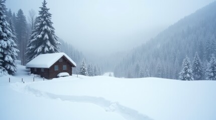 Fototapeta premium Secluded Cabin in a Snowy Winter Wonderland