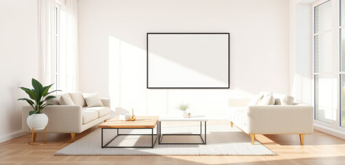 A bright white living room featuring a modern minimalist design, characterized by clean lines and uncluttered elegance. The focal point is a sleek black-framed poster mockup.