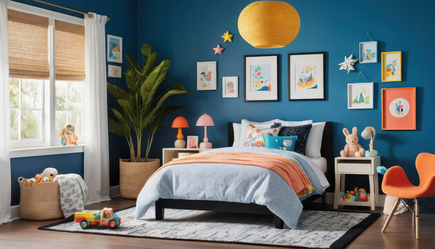 3D rendering of a child's room featuring mockup posters on a vibrant blue wall. The space is styled with a colorful, playful lamp on a small bedside table, complementing the cheerful design.