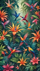 Tropical exotic pattern with animal and flowers in bright colors and lush vegetation