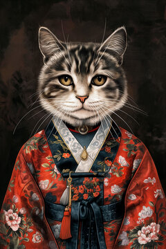 a portrair of a cat wearing traditional korean dress