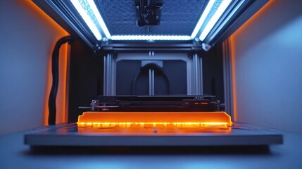 Obraz premium Inside a 3D printer showcasing the layer-by-layer printing process in a tech workshop
