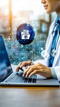 Doctor using a laptop with a digital medical record icon floating on the screen, showcasing health records, medical technology