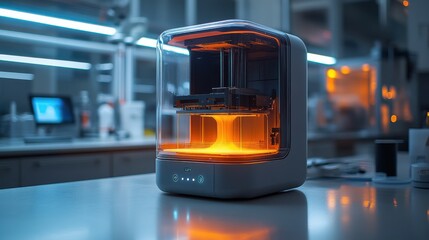 Obraz premium Advanced resin 3D printer in lab environment showcasing vibrant UV curing process