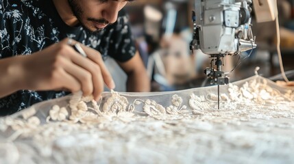 A fashion designer working on embroidery details for a custom garment, creating a one-of-a-kind masterpiece