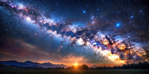 Fototapeta premium A breathtaking view of the Milky Way galaxy stretching across the night sky, casting its ethereal glow over a serene landscape of mountains, trees, and a field