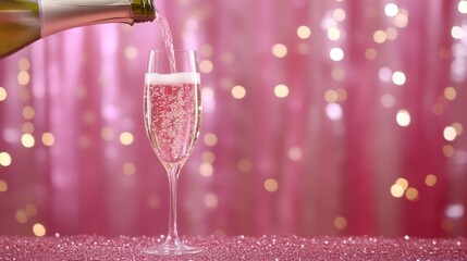Pouring sparkling drink into a champagne flute at a festive celebration with a pink background and shimmering lights