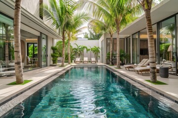 Fototapeta premium Luxury Pool Reflects Tropical Oasis Greenery, Modern Home Design Perfectly