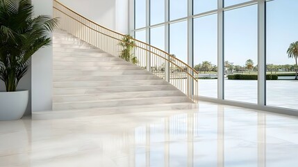 Elegant Marble Grand Staircase with Curved Railing and Golden Accents - Luxurious Foyer Bathed in Natural Light Showcasing Exquisite Architectural Details