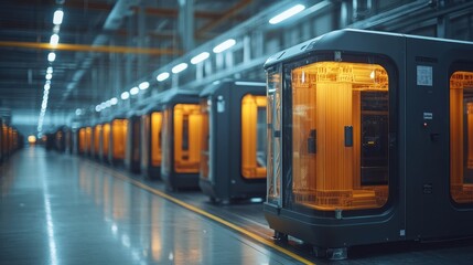 Advanced manufacturing facility showcasing multiple industrial 3D printers in action at night