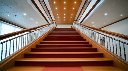Elegant Grand Staircase with Wooden Steps and Plush Red Carpet - Luxurious Interior Design Featuring Crystal Accents and Warm Lighting Perfect for High-End Real Estate and Event Sp
