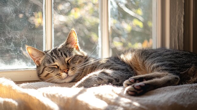 A drowsy cat lounges in a sunbeam on a windowsill perfectly embodying the peace and contentment of a warm afternoon