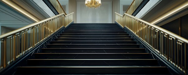 Opulent Grand Staircase in Black Marble with Golden Railing - Elegant Contemporary Chandelier and Soft Spotlighting Create a Regal Ambiance
