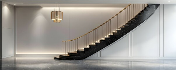 Obraz premium Elegant Luxury Grand Staircase with Black Marble Steps - Opulent Design Featuring Golden Railing Contemporary Chandelier and Soft Spotlighting for a Regal Ambiance