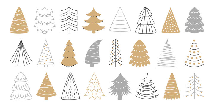 Christmas fir evergreen tree winter holiday plant hand drawn primitive doodle isolated set