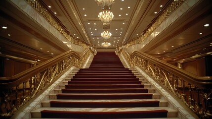 Obraz premium Elegant Grand Staircase with Marble Steps and Ornate Brass Railings - Luxurious Chandelier and Plush Red Carpet Enhancing Opulent Architecture in Natural Light