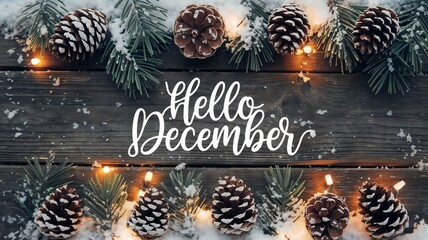 Hello december text on a rustic wooden background with snow, lights, pine cones and pine branches. Vintage, winter, christmas decoration concepts.