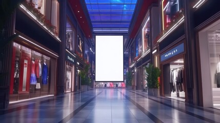 A modern shopping mall interior featuring empty storefronts and a large advertising screen.