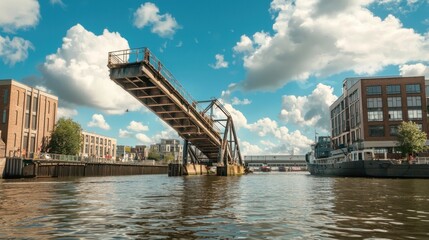 A drawbridge being raised for an approaching ship, illustrating activity and urban life