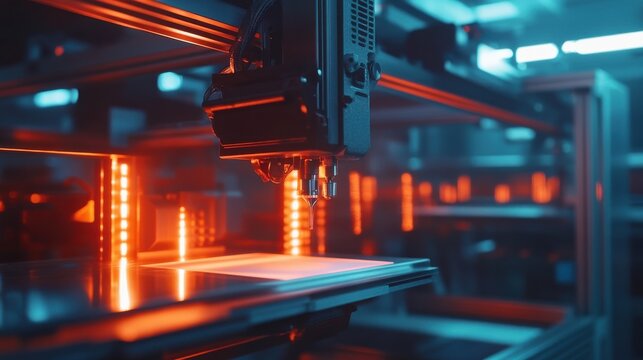 Advanced 3D printer operating in a high-tech facility during a night shift