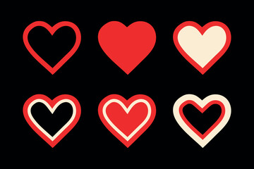 A collection of 6 heart icons in various styles and colors, perfect for use in websites, apps, or social media. Includes filled, outlined, and combined heart shapes with different fills.