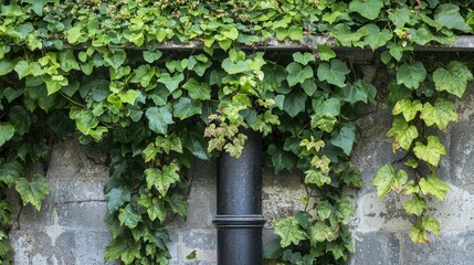 A drainpipe adorned with climbing vines in a garden, highlighting creativity in landscaping