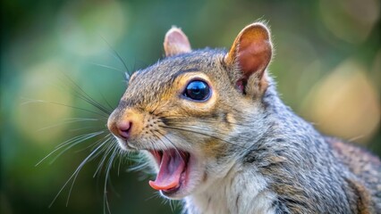 Obraz premium A close-up portrait of a grey squirrel with its mouth open and its whiskers extended, revealing its pink tongue and a surprised expression, against a soft green and brown background.