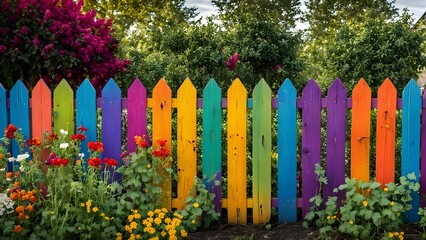 A colorful wooden fence painted in rainbow hues enclosing a community garden, AI Generated
