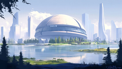 Obraz premium A large, domed building is situated on a lakeshore near a futuristic cityscape