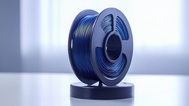 Blue filament spool on a table, illuminated by soft light in a quiet workspace