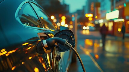 Electric Vehicle Charging at Night in City Setting