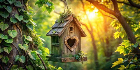 A rustic wooden birdhouse with a heart-shaped opening hangs from a tree branch, bathed in the warm glow of the setting sun, surrounded by lush greenery.