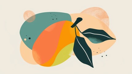 A drawing of a fruit with a leaf on it. The fruit is orange and green. The leaf is green and the background is a mix of colors