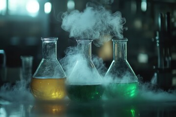 A lab table with a beaker of liquid and a beaker of smoke