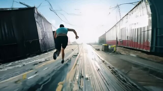 Urban Parkour. Daredevil's Leap of Faith Across Industrial Landscape.
