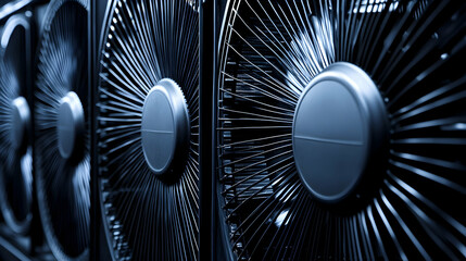 Close-Up of Black Computer Fans with a Blue Tint, Showing the Detailed Blades and Circular Structure, Highlighting the Cooling Technology and the Intricate Design