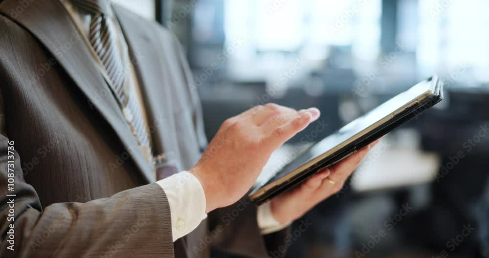 Poster Hands, businessman and tablet for scroll, website and app in office for communication or networking. Male person, technology and connection for online, news and pr in corporate as community manager