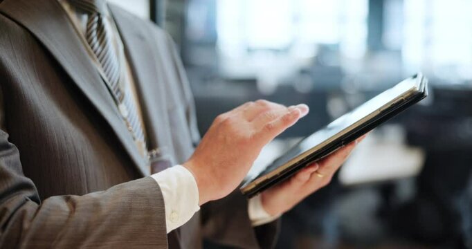 Hands, businessman and tablet for scroll, website and app in office for communication or networking. Male person, technology and connection for online, news and pr in corporate as community manager