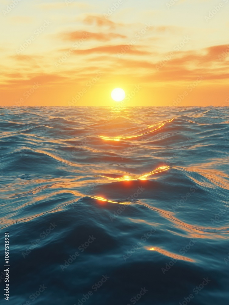 Poster The sun sets over the horizon, casting warm hues on the gentle waves, creating a tranquil and picturesque coastal view at dusk. Generative AI