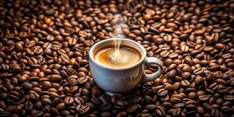 A steaming cup of coffee rests amidst a sea of roasted coffee beans, each one a testament to the rich aroma and invigorating power of this beloved beverage.