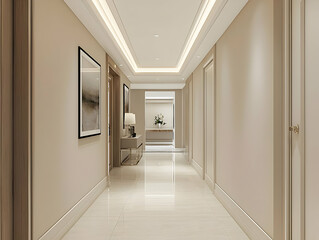 Fototapeta premium Neutral-toned hallway with minimalist decor, creating a warm, calm vibe.
