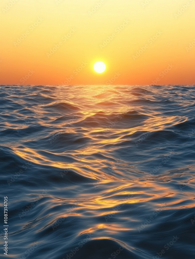 Poster the sun sets gently over the sea, illuminating the waves with warm golden hues, creating a tranquil 