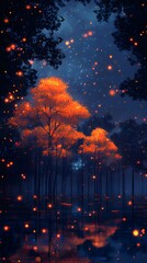 Fototapeta premium A cyberpunk post-apocolypse city landscape with neon orange trees and glowing lights