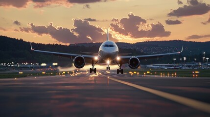 Plane Preparing for Takeoff at Sunset on Runway