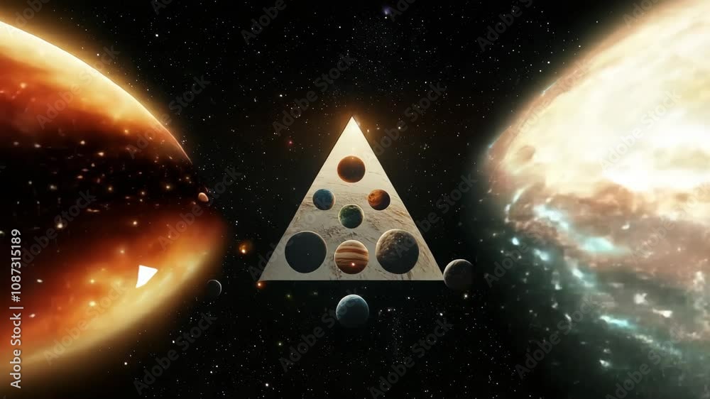 Poster planets align in a triangle shape within the vastness of deep space, while a bright light radiates f