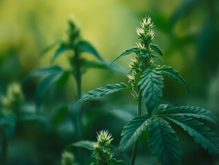 Naklejka premium Lush Cannabis Garden: Harmony of Nature's Growth and Human Cultivation in Tranquil Sanctuary