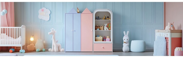 Photo of a pastel-colored children's room with toy storage cabinets and shelves