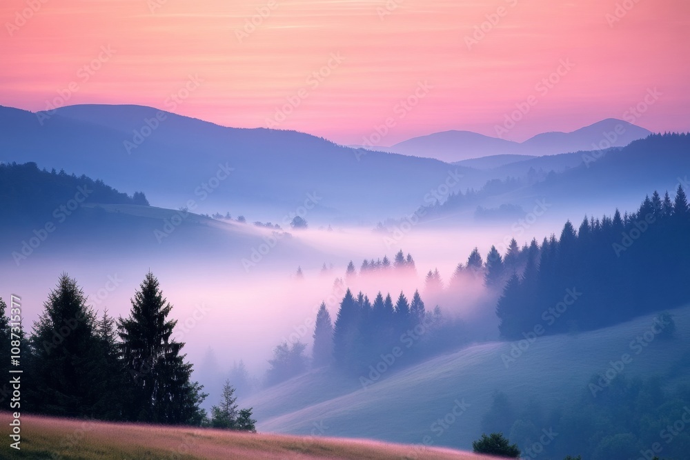 Poster a tranquil morning unfolds as mist gently rises from hills and valleys, enveloping pine trees under 